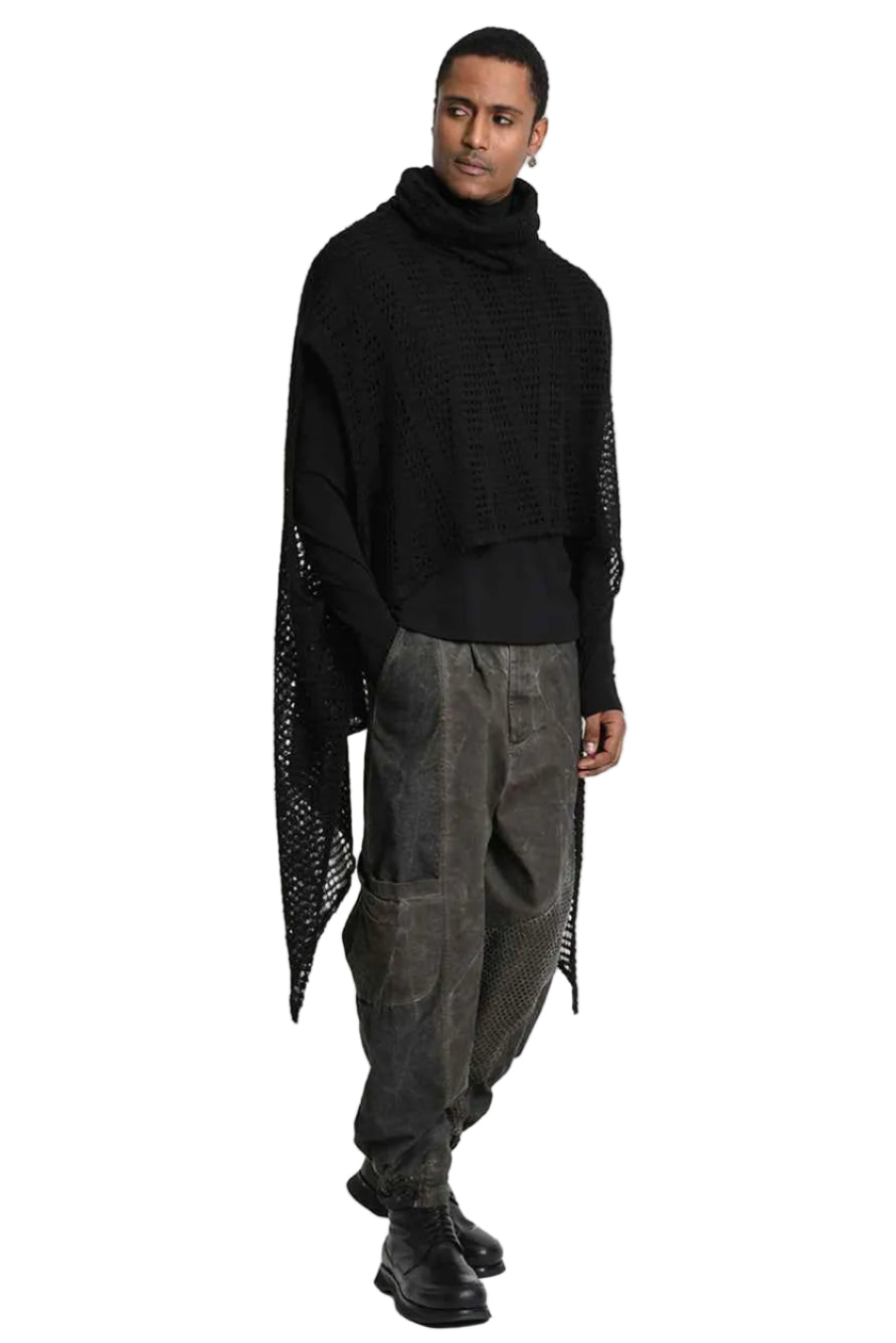 4V W5407 Maxi Sweater - Black Asymmetrical Poncho Mohair Blend Mesh Oversized Double Collar Unisex Made in Italy