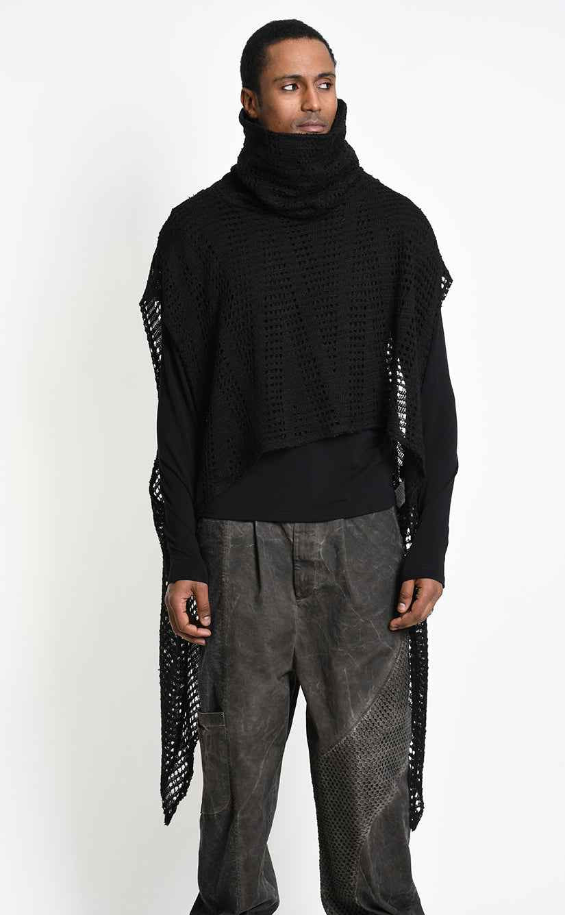 4V W5407 Maxi Sweater - Black Asymmetrical Poncho Mohair Blend Mesh Oversized Double Collar Unisex Made in Italy