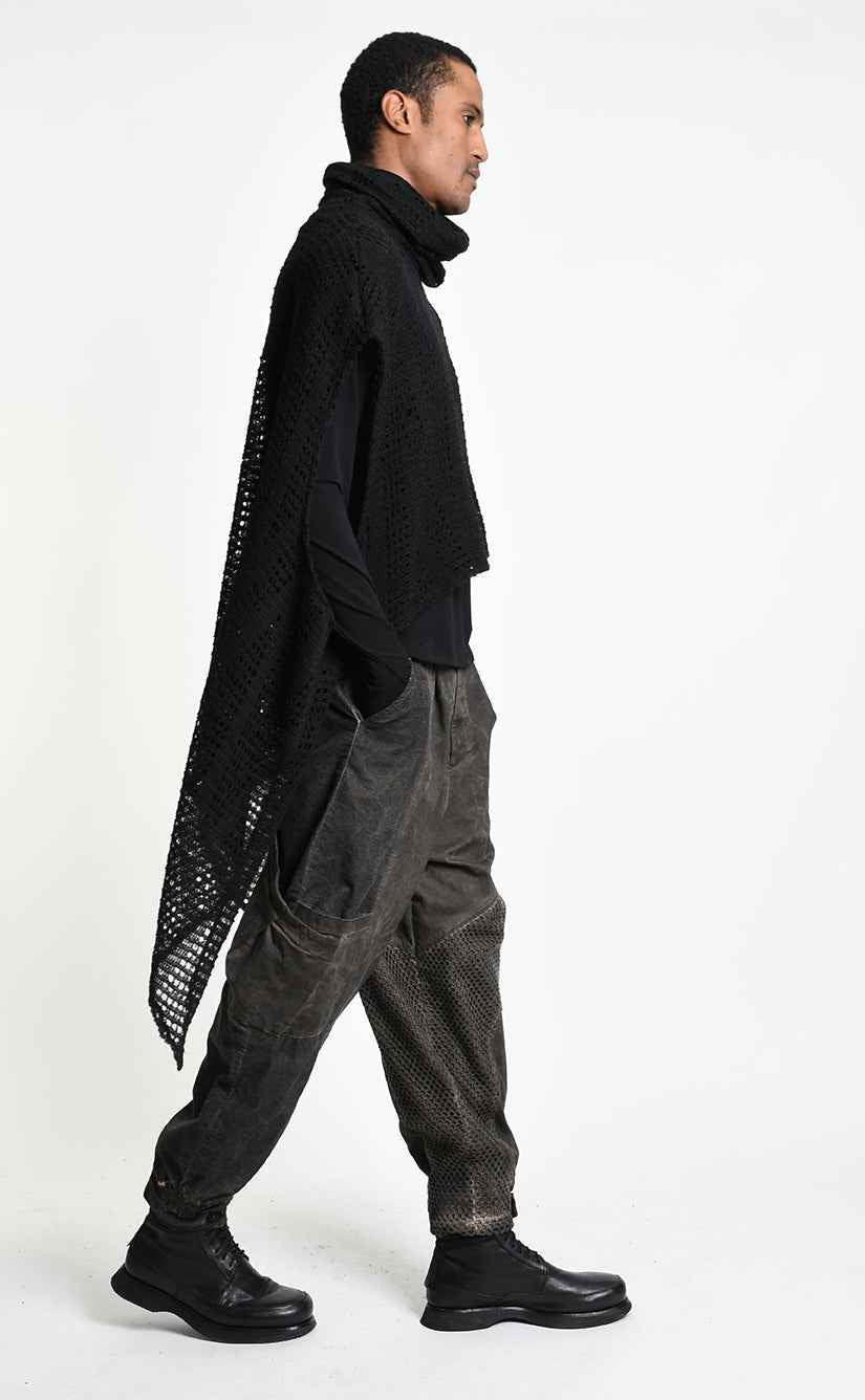 4V W5407 Maxi Sweater - Black Asymmetrical Poncho Mohair Blend Mesh Oversized Double Collar Unisex Made in Italy