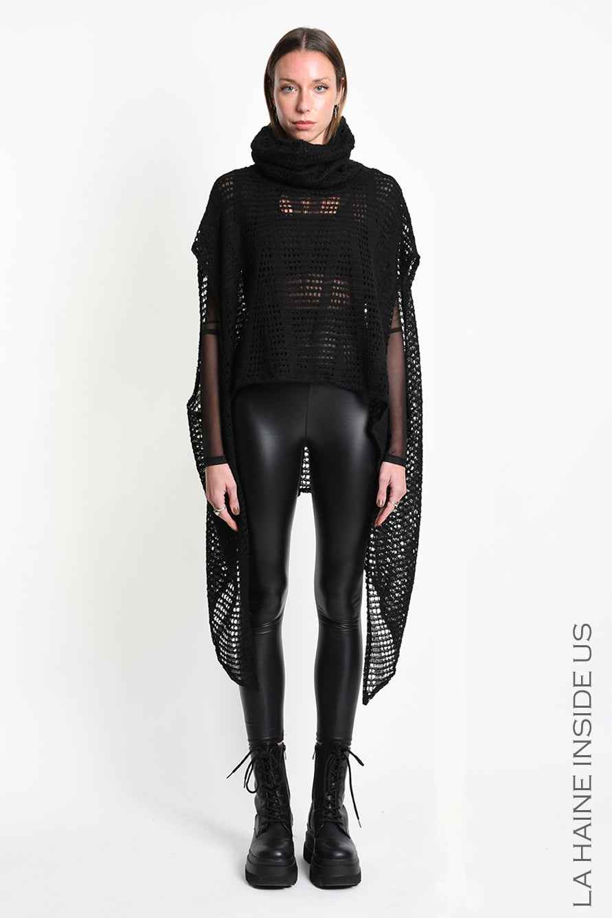 4V W5407 Maxi Sweater - Black Asymmetrical Poncho Mohair Blend Mesh Oversized Double Collar Unisex Made in Italy