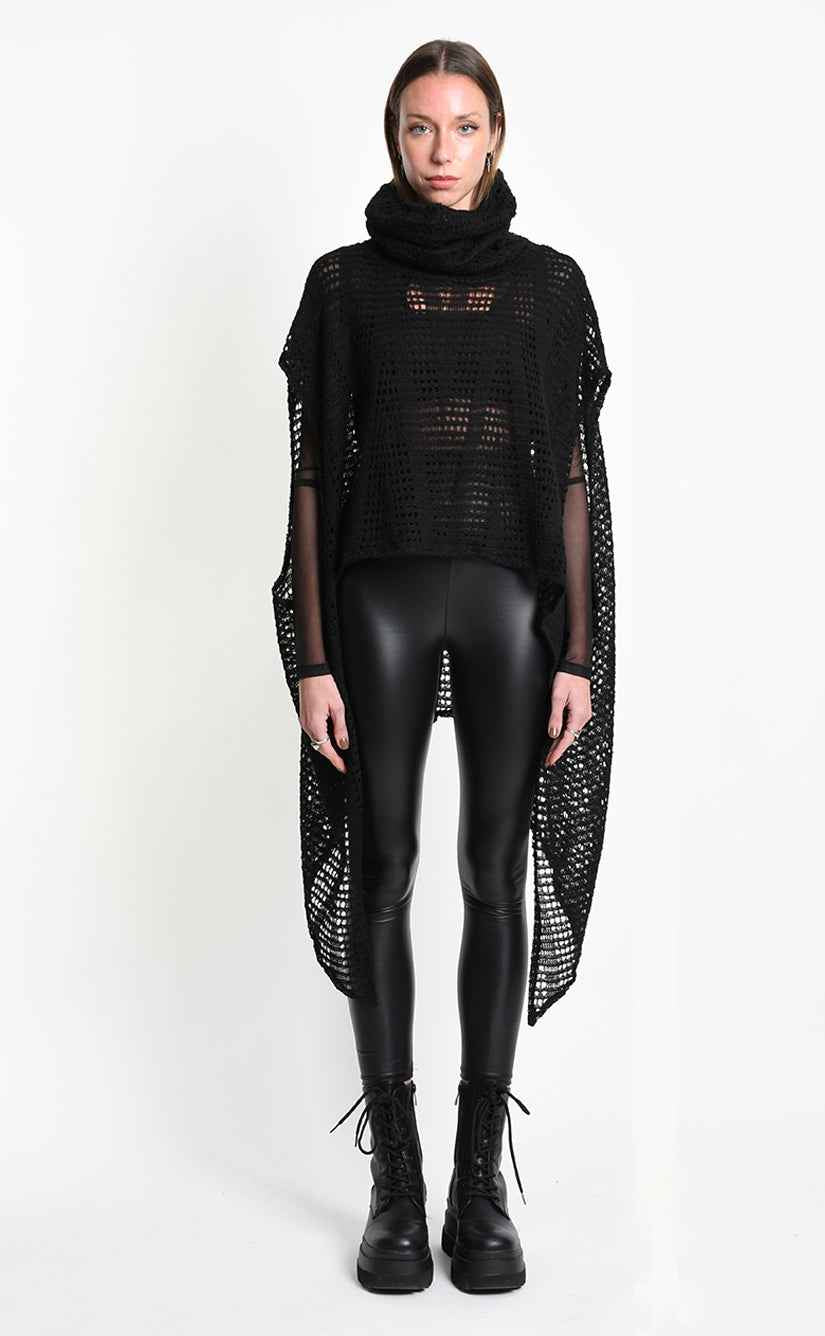 4V W5407 Maxi Sweater - Black Asymmetrical Poncho Mohair Blend Mesh Oversized Double Collar Unisex Made in Italy