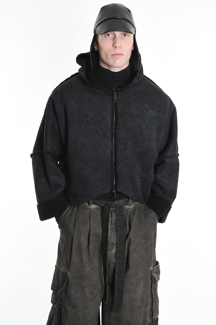 4- W5168 JACKET Oversized in Marbled Faux Shearling, UNISEX, Black. TEPHRA