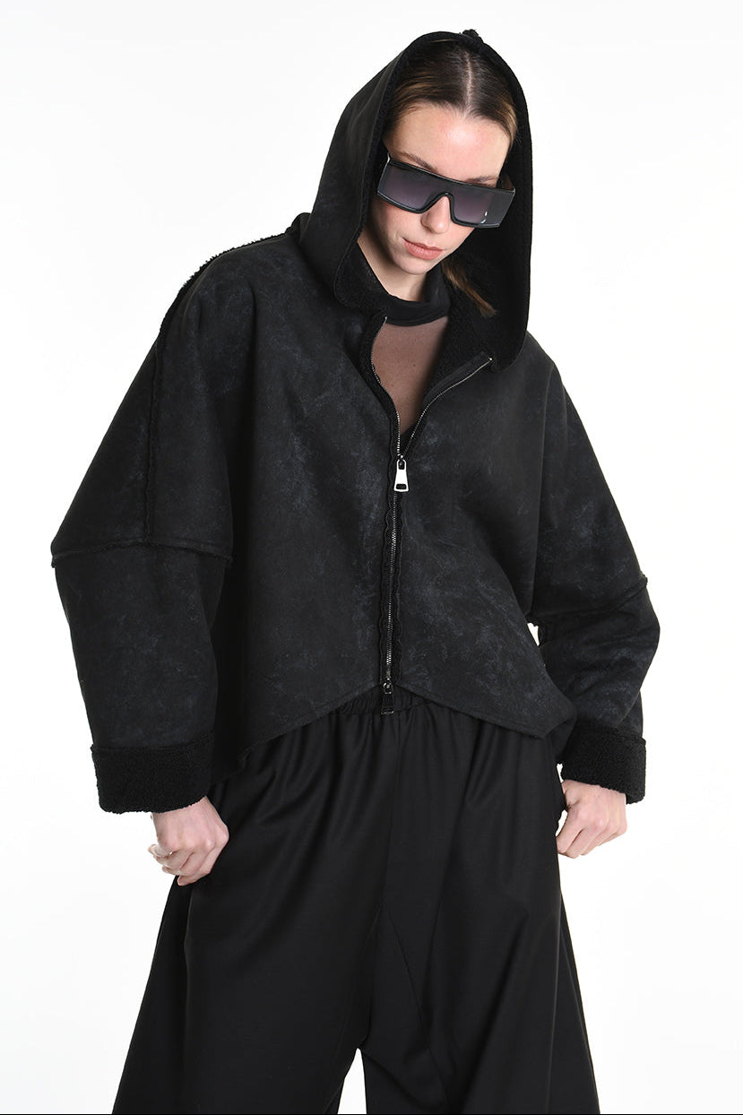 4- W5168 JACKET Oversized in Marbled Faux Shearling, UNISEX, Black. TEPHRA