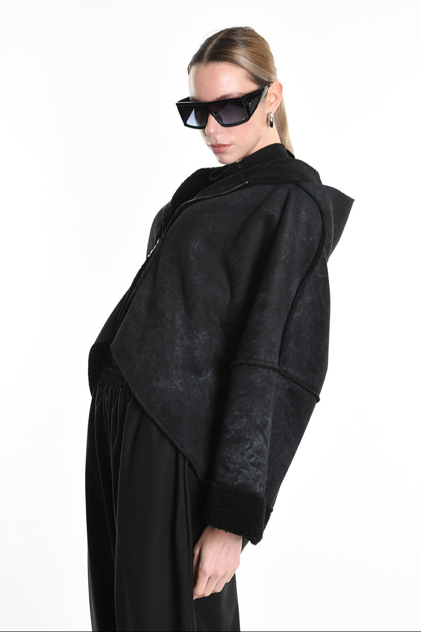 4- W5168 JACKET Oversized in Marbled Faux Shearling, UNISEX, Black. TEPHRA