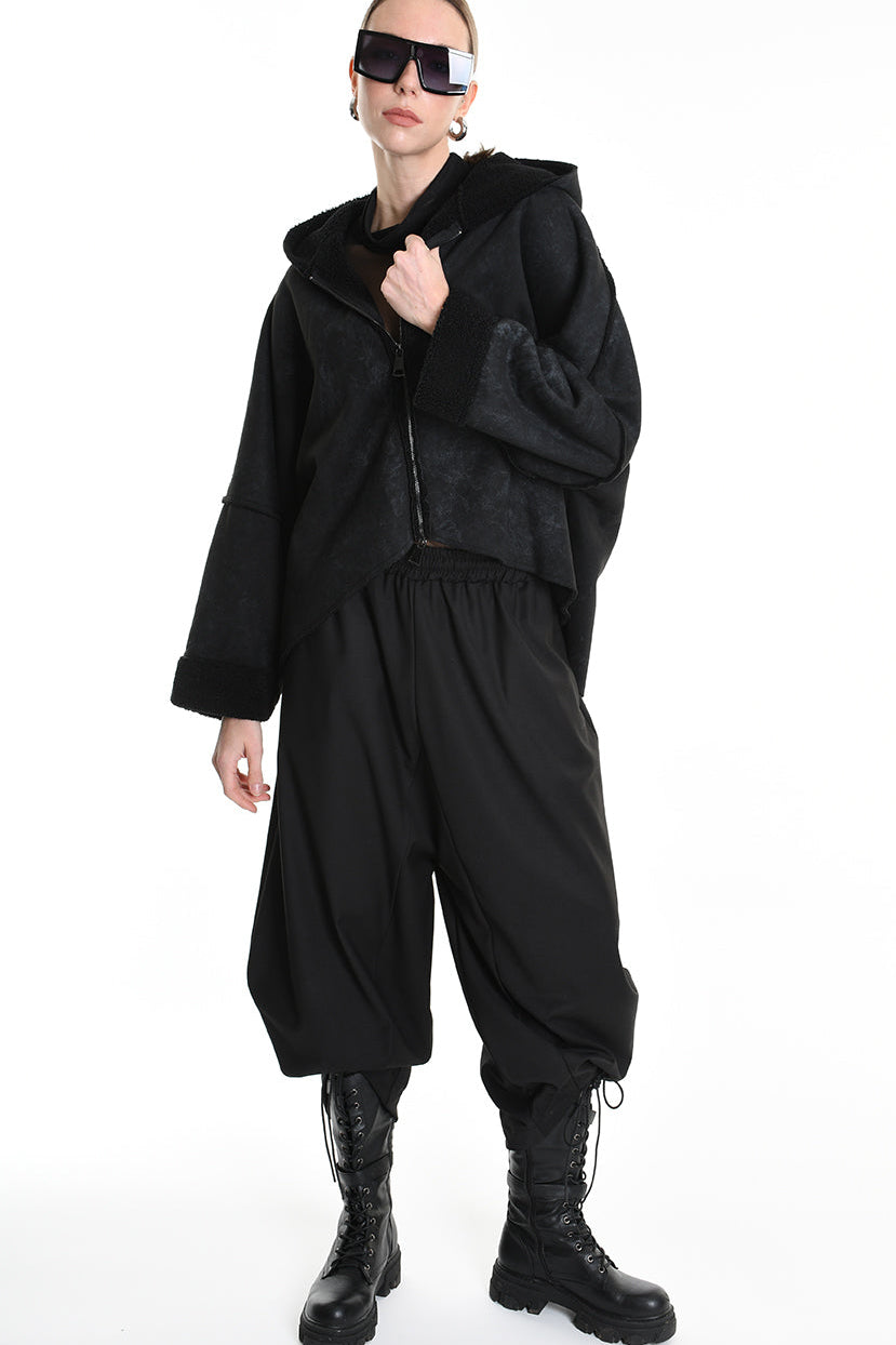 4- W5168 JACKET Oversized in Marbled Faux Shearling, UNISEX, Black. TEPHRA