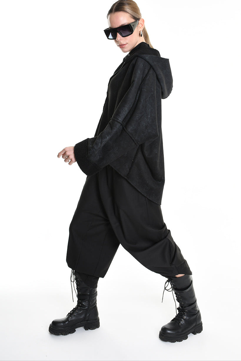 4- W5168 JACKET Oversized in Marbled Faux Shearling, UNISEX, Black. TEPHRA