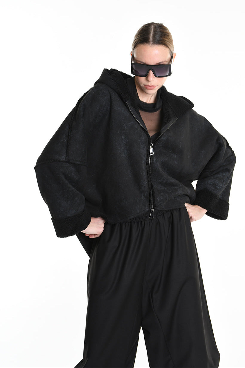 4- W5168 JACKET Oversized in Marbled Faux Shearling, UNISEX, Black. TEPHRA