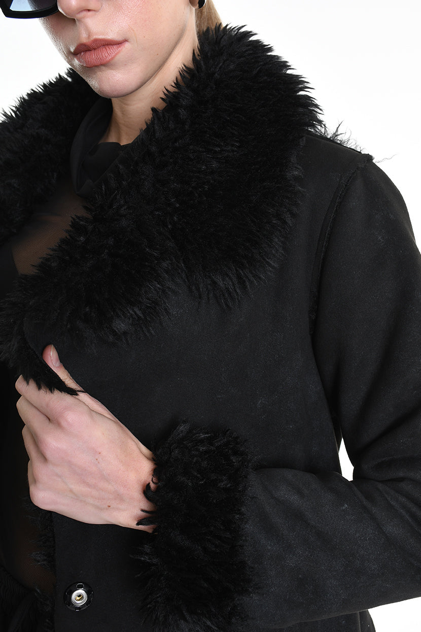 4- W5171 COAT in Garment-Dyed Marbled Faux Shearling, Black. LA HAINE INSIDE US