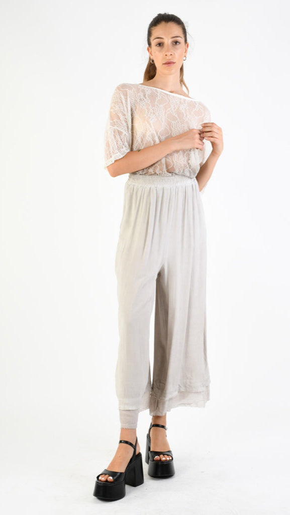 A39B SM33925 Palazzo PANTS in IVORY Marbled Dyed Viscose Tencel
