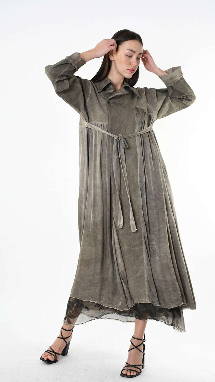 A39B SM45825 TRENCH Gabardine & Viscose Satin Gray Storm - Green - Black