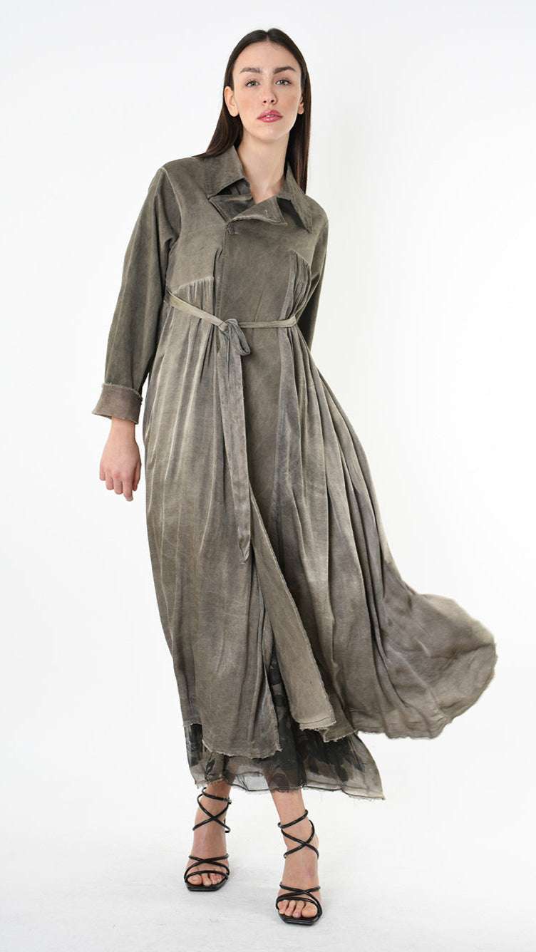 A39B SM45825 TRENCH Gabardine & Viscose Satin Gray Storm - Green - Black