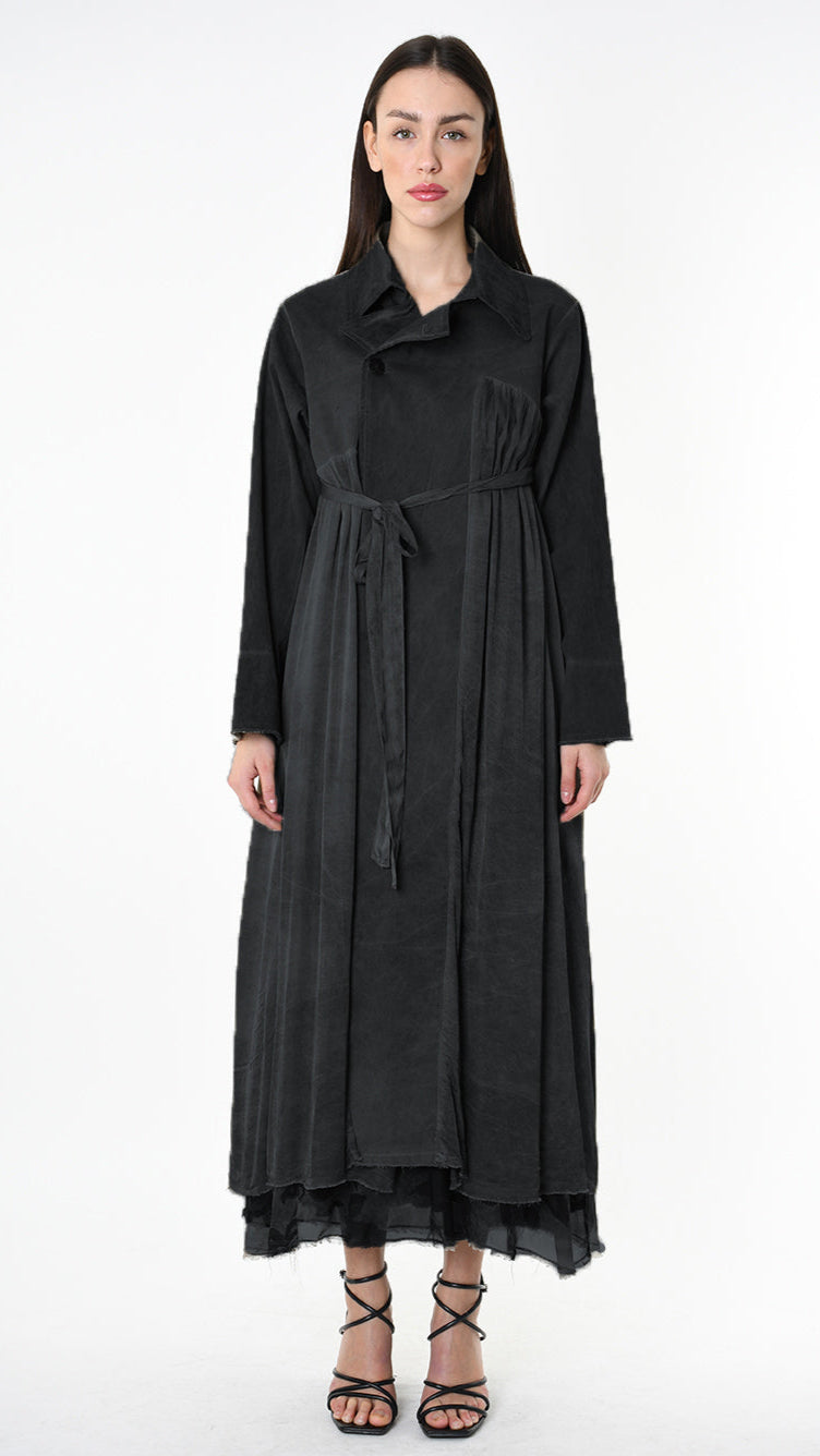 A39B SM45825 TRENCH Gabardine & Viscose Satin Gray Storm - Green - Black