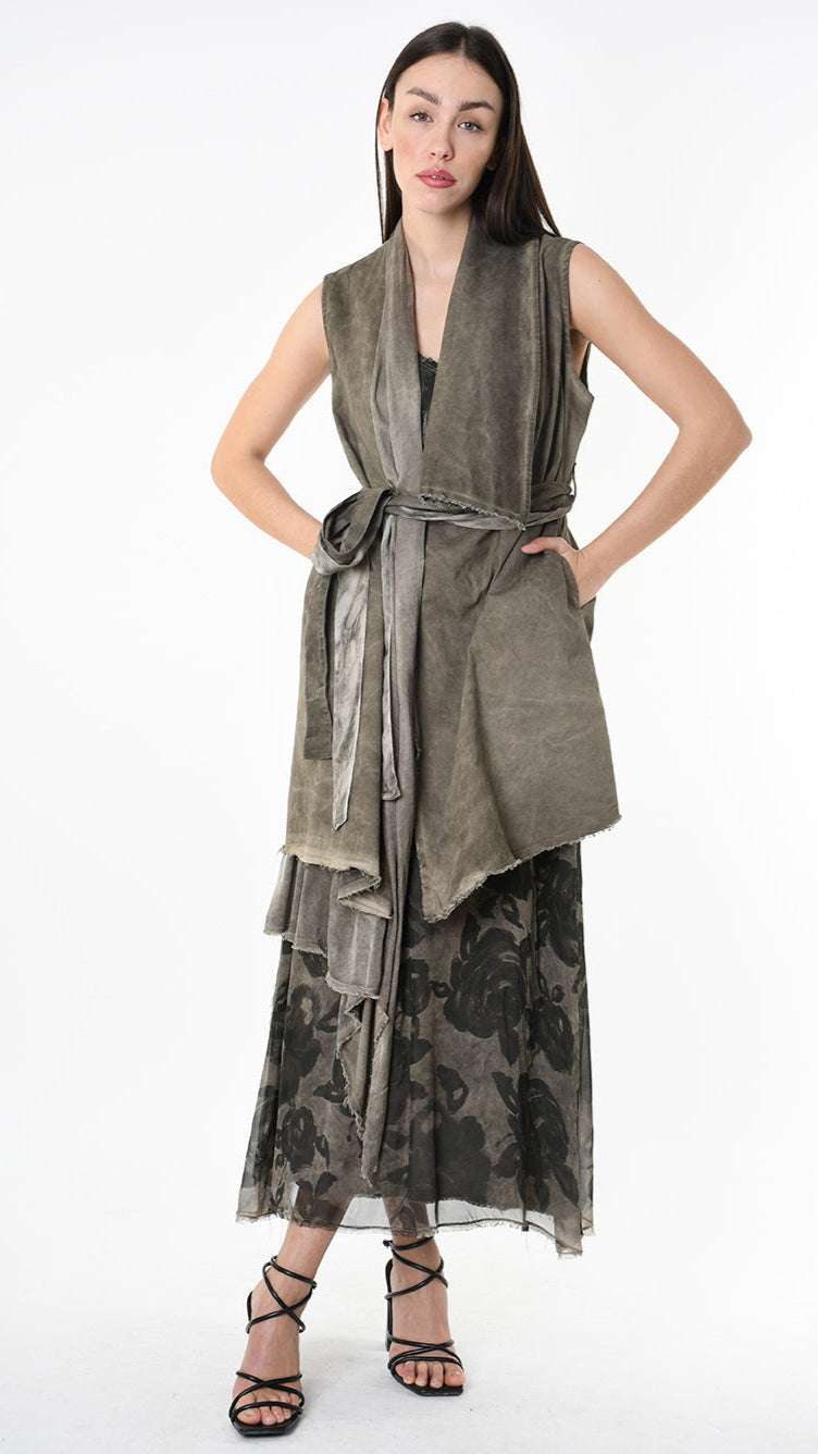 A39B SM46425 Asymmetrical Cotton & Viscose Gabardine GILET Green Tuscany - Grey