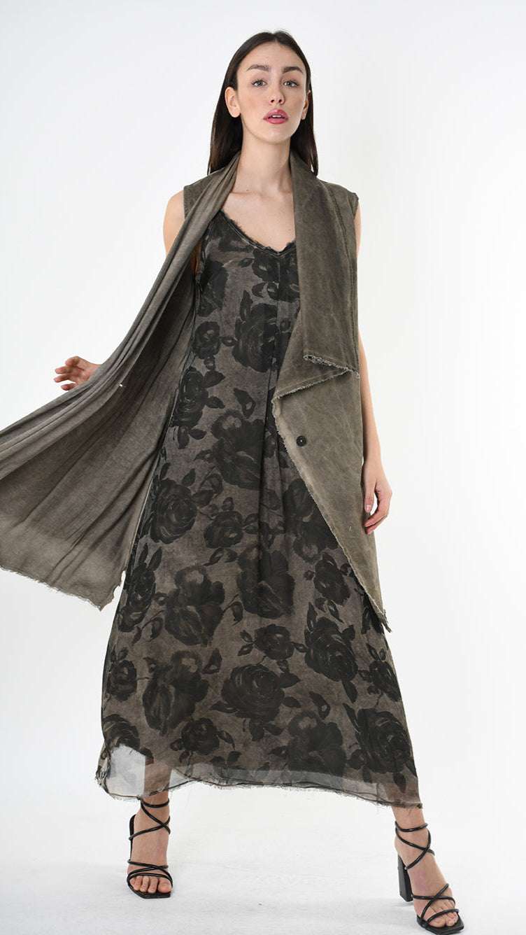 A39B SM46425 Asymmetrical Cotton & Viscose Gabardine GILET Green Tuscany - Grey