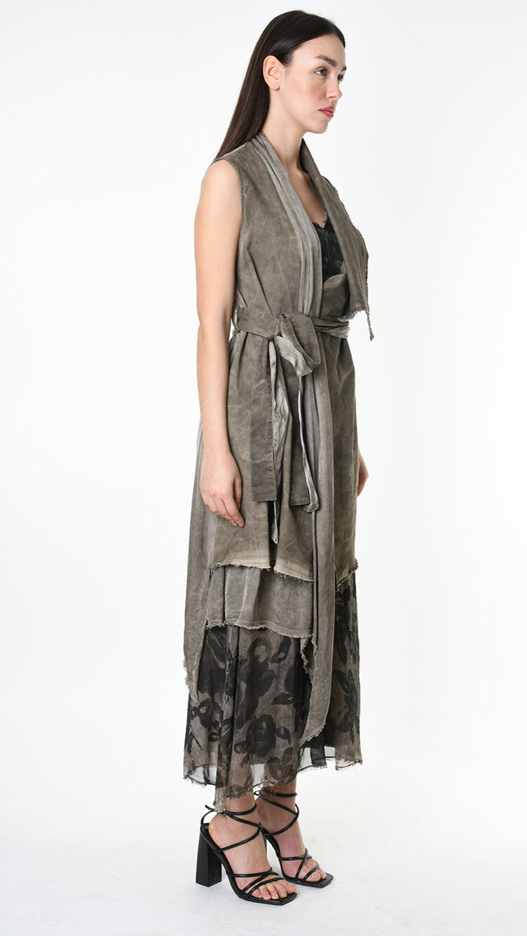 A39B SM46425 Asymmetrical Cotton & Viscose Gabardine GILET Green Tuscany - Grey