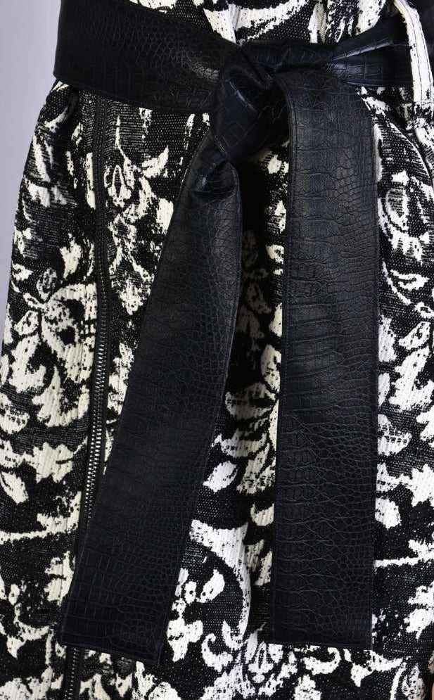 A3 4B LW54923 Dress - Black/White Floral Jacquard Asymmetric Elegant Statement Women's