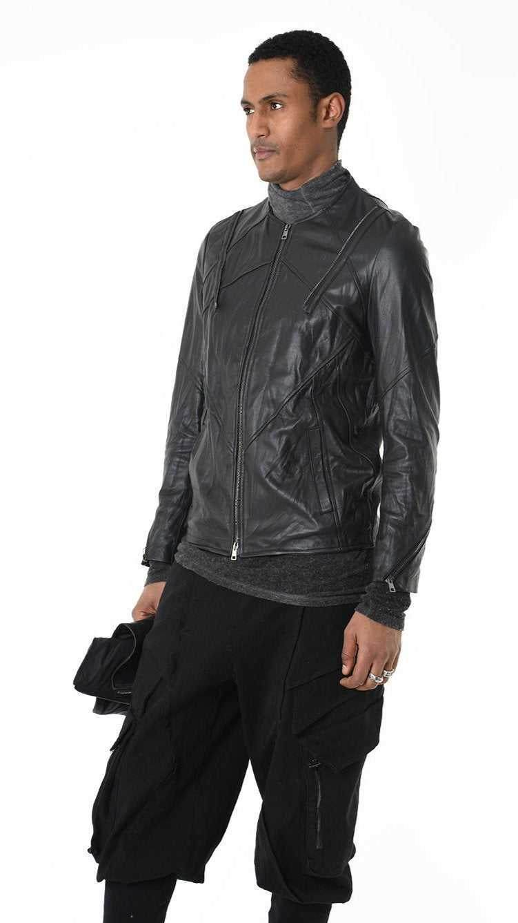 A33B LM18425 SPORT JACKET Leather Removable Hood Black