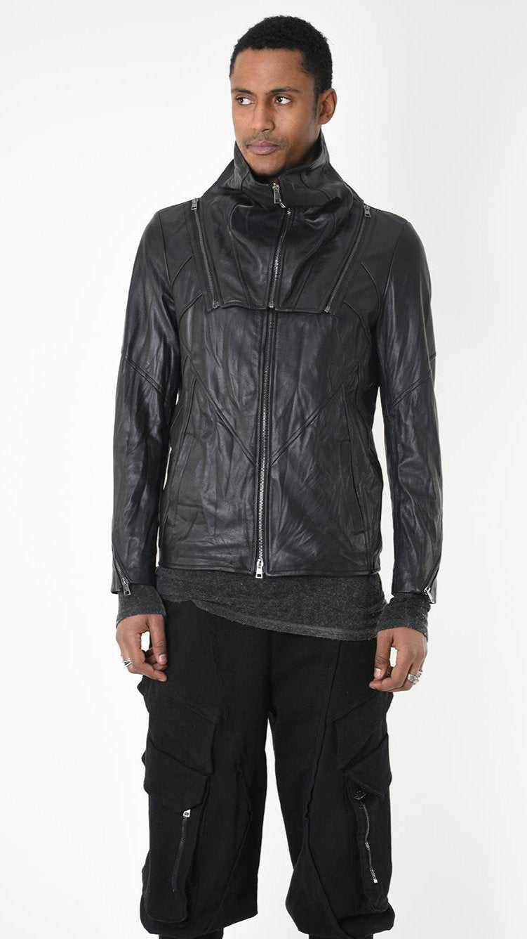 A33B LM18425 SPORT JACKET Leather Removable Hood Black