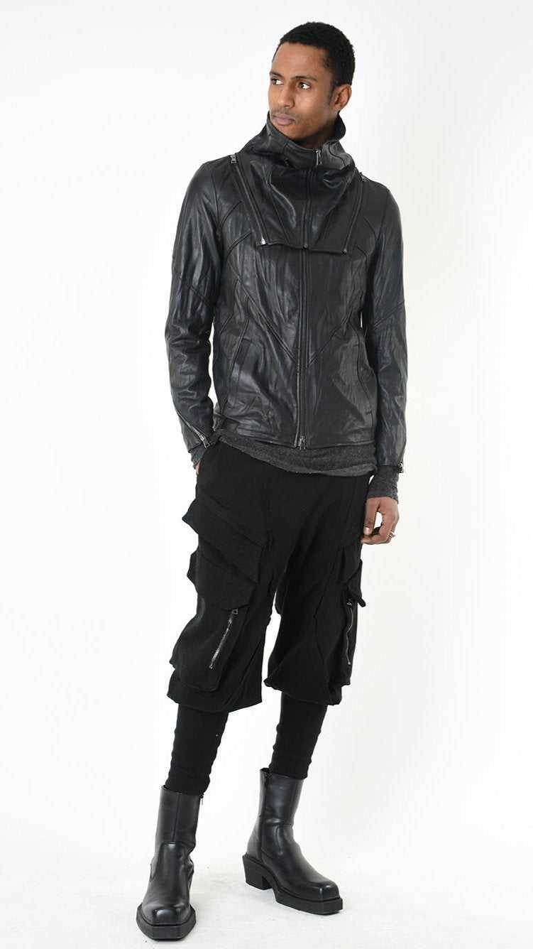 A33B LM18425 SPORT JACKET Leather Removable Hood Black