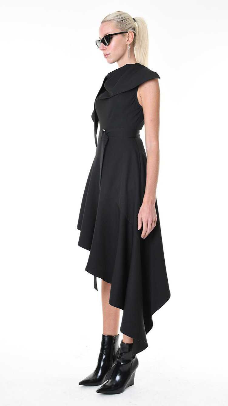 A344B LW85125 DRESS Tecno Stretch Asymmetric Black