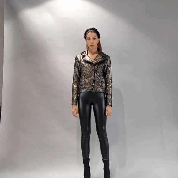 A34B LW50523 Jacket - Black Bronze Lined Washed Coated Cloth Chiodo Biker Italian Women's