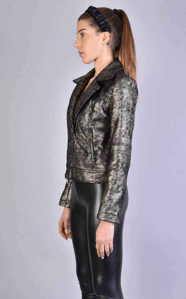 A34B LW50523 Jacket - Black Bronze Lined Washed Coated Cloth Chiodo Biker Italian Women's