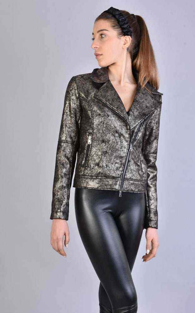 A34B LW50523 Jacket - Black Bronze Lined Washed Coated Cloth Chiodo Biker Italian Women's