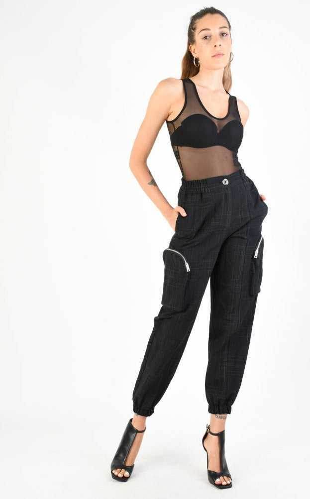 A34B LW68524 Trousers Cargo Cotton Linen & Check Print Black