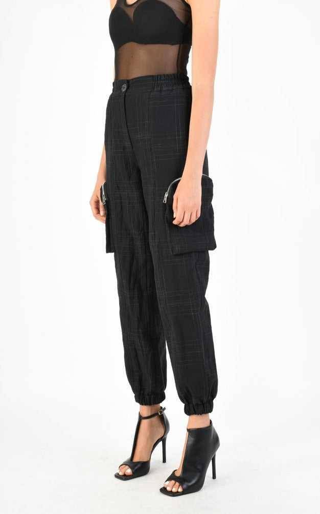 A34B LW68524 Trousers Cargo Cotton Linen & Check Print Black