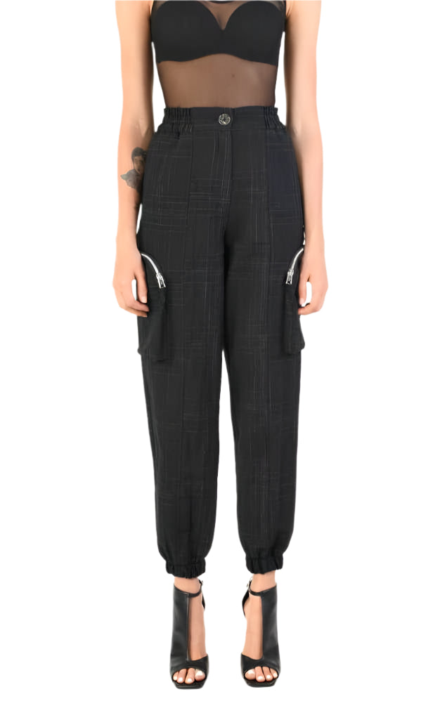 A34B LW68524 Trousers Cargo Cotton Linen & Check Print Black