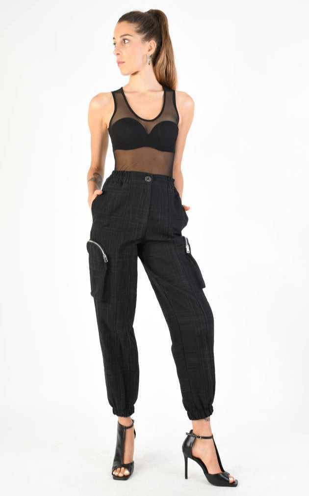 A34B LW68524 Trousers Cargo Cotton Linen & Check Print Black