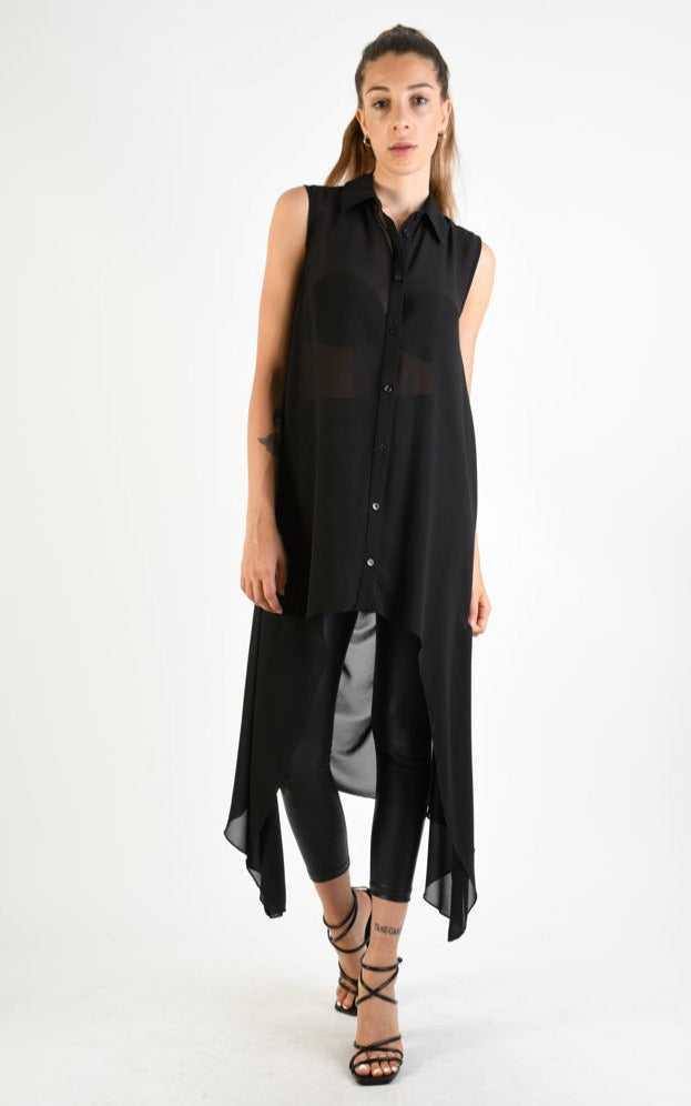 A34B LW69824 Shirt Asymmetric Sleeveless Georgette Black