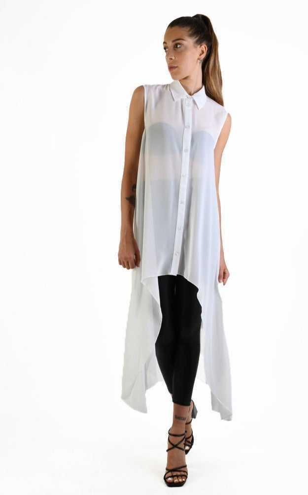 A34B LW69824 Shirt Asymmetric Sleeveless Georgette White