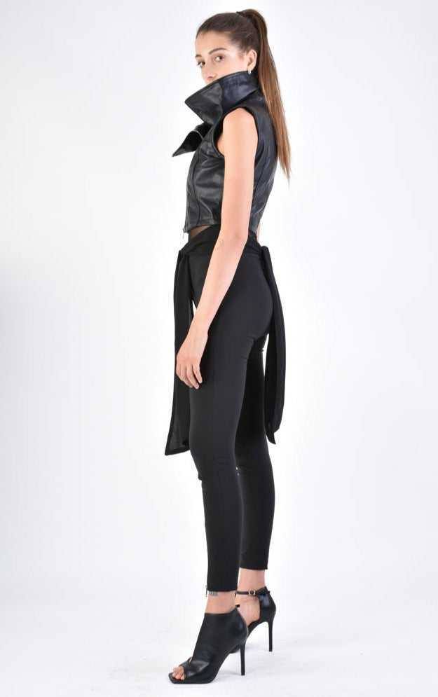 A34B LW70624 LEATHER GIILET Nappa & Georgette Black