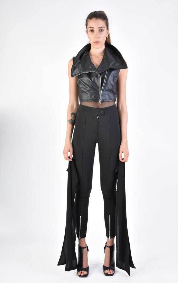 A34B LW70624 LEATHER GIILET Nappa & Georgette Black