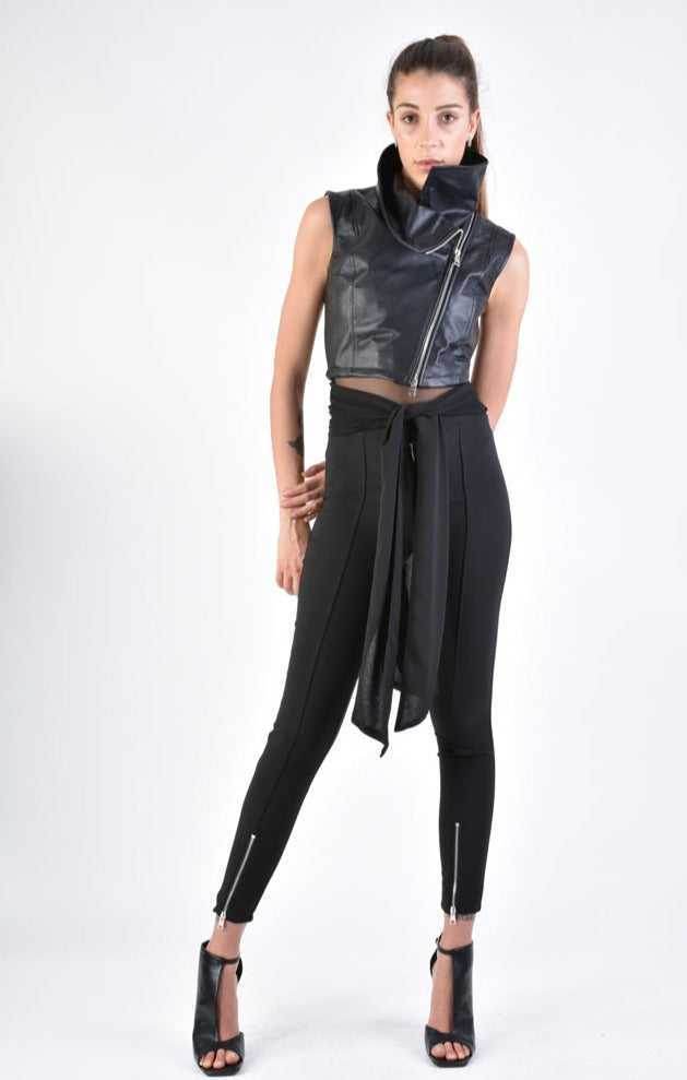 A34B LW70624 LEATHER GIILET Nappa & Georgette Black