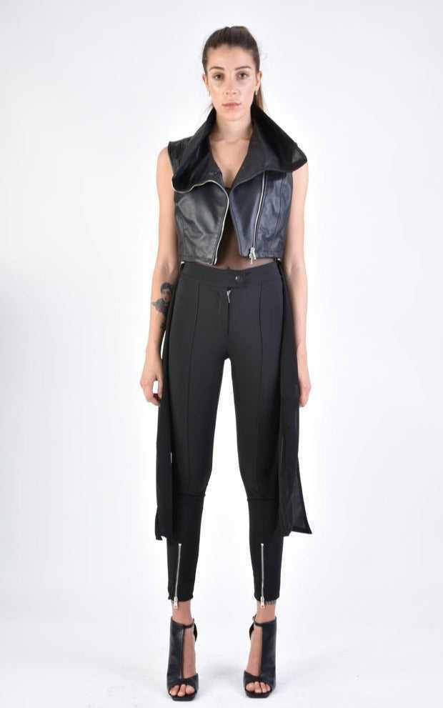 A34B LW70624 LEATHER GIILET Nappa & Georgette Black