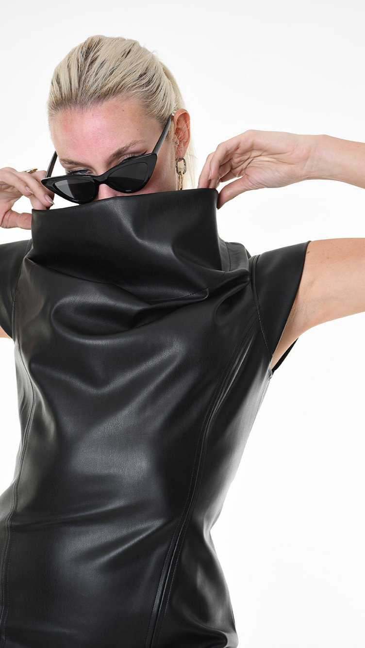 A34G LW84425 DRESS Tube Faux Leather Stretch Black