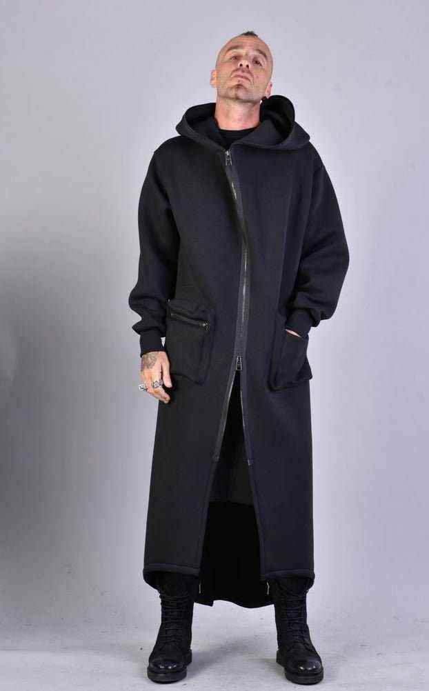A34M LW62323 Coat - Black Long Scuba Viscose Blend Zip Closure Contemporary Unisex