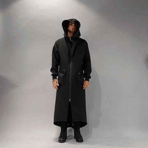 A34M LW62323 Coat - Black Long Scuba Viscose Blend Zip Closure Contemporary Unisex