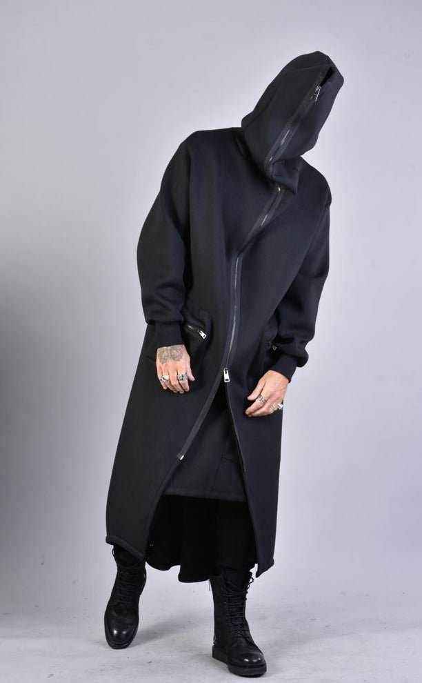 A34M LW62323 Coat - Black Long Scuba Viscose Blend Zip Closure Contemporary Unisex