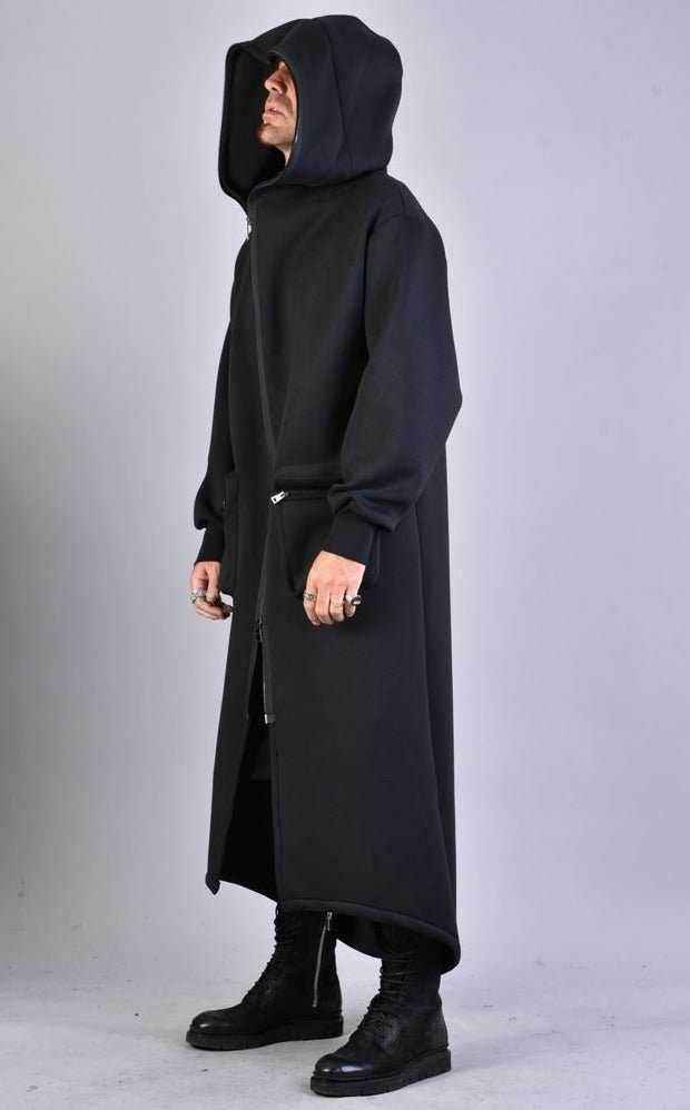 A34M LW62323 Coat - Black Long Scuba Viscose Blend Zip Closure Contemporary Unisex