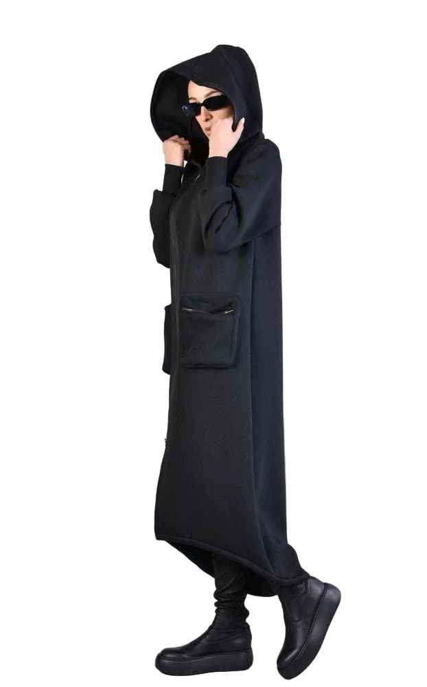 A34M LW62323 Coat - Black Long Scuba Viscose Blend Zip Closure Contemporary Unisex