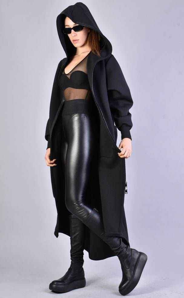 A34M LW62323 Coat - Black Long Scuba Viscose Blend Zip Closure Contemporary Unisex
