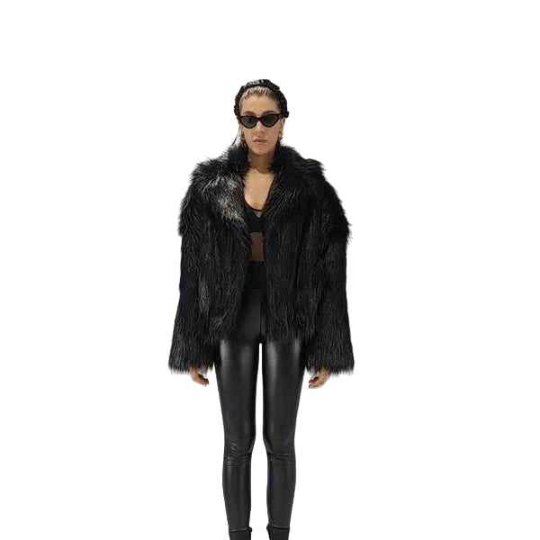 A34Q LW526 Lined Faux Fur Lurex Coat – Black
