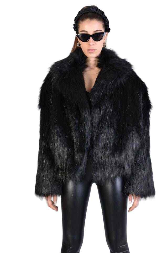 A34Q LW526 Lined Faux Fur Lurex Coat – Black