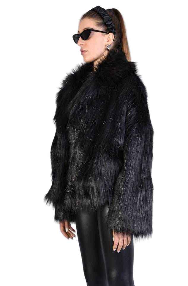 A34Q LW526 Lined Faux Fur Lurex Coat – Black