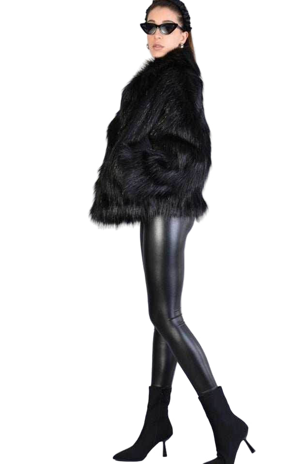 A34Q LW526 BLACK Lined Faux Fur Lurex Coat Woman