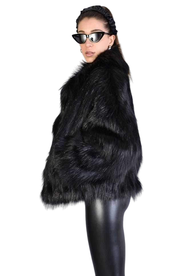 A34Q LW526 BLACK Lined Faux Fur Lurex Coat Woman