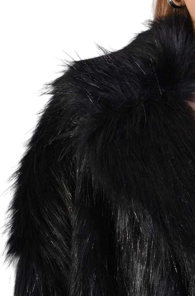 A34Q LW526 BLACK Lined Faux Fur Lurex Coat Woman